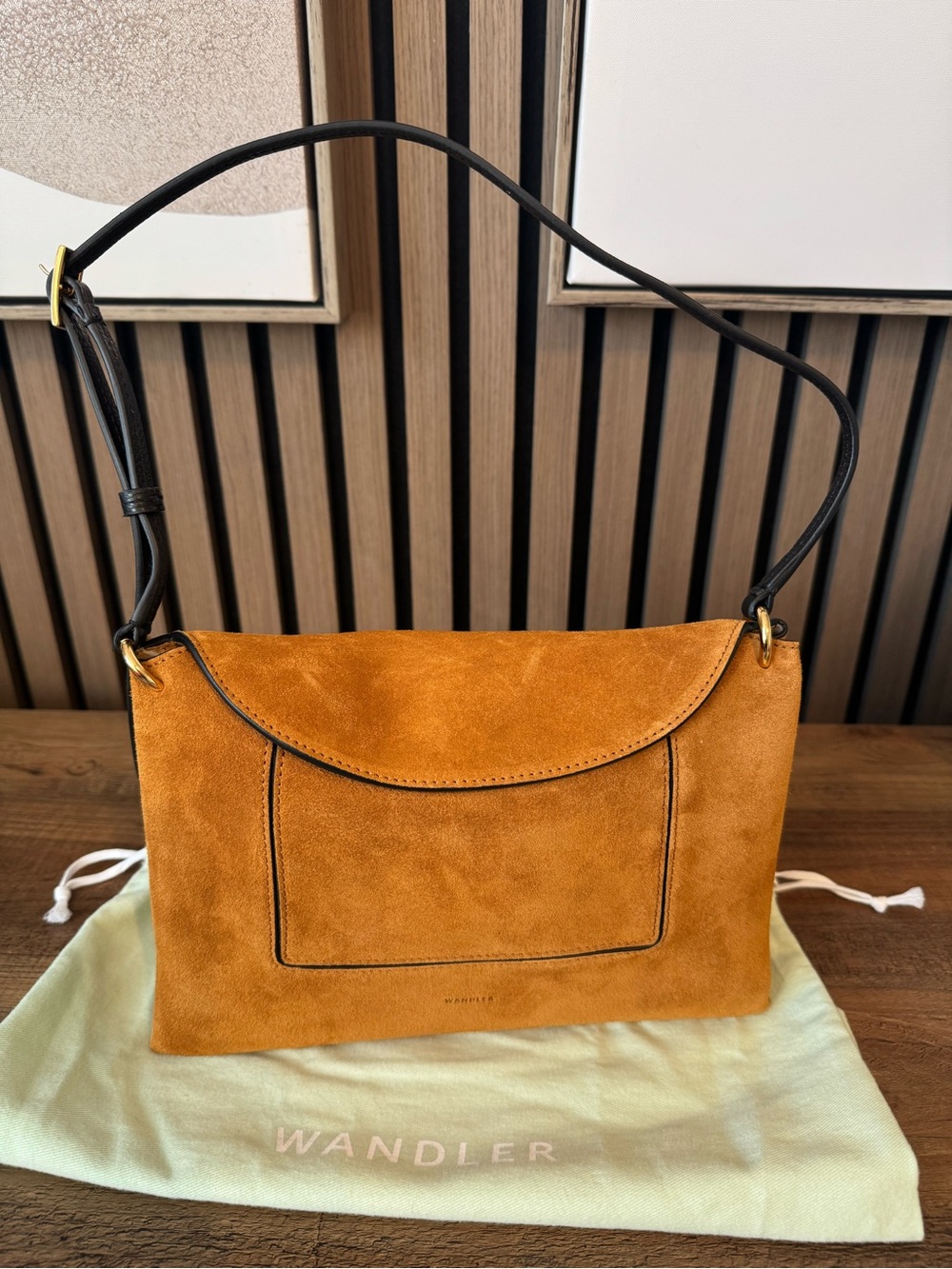 NWT Wandler Penelope Suede Cognac  Adjustable Crossbody Black leather strap